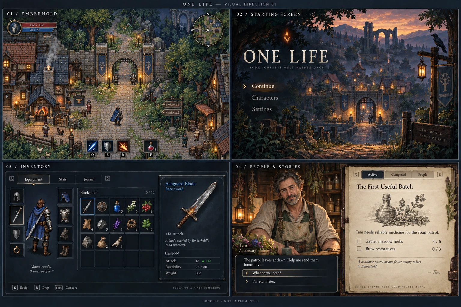 Concept art: a lamplit town street, a character sheet with equipment, a portrait conversation and a painted title scene