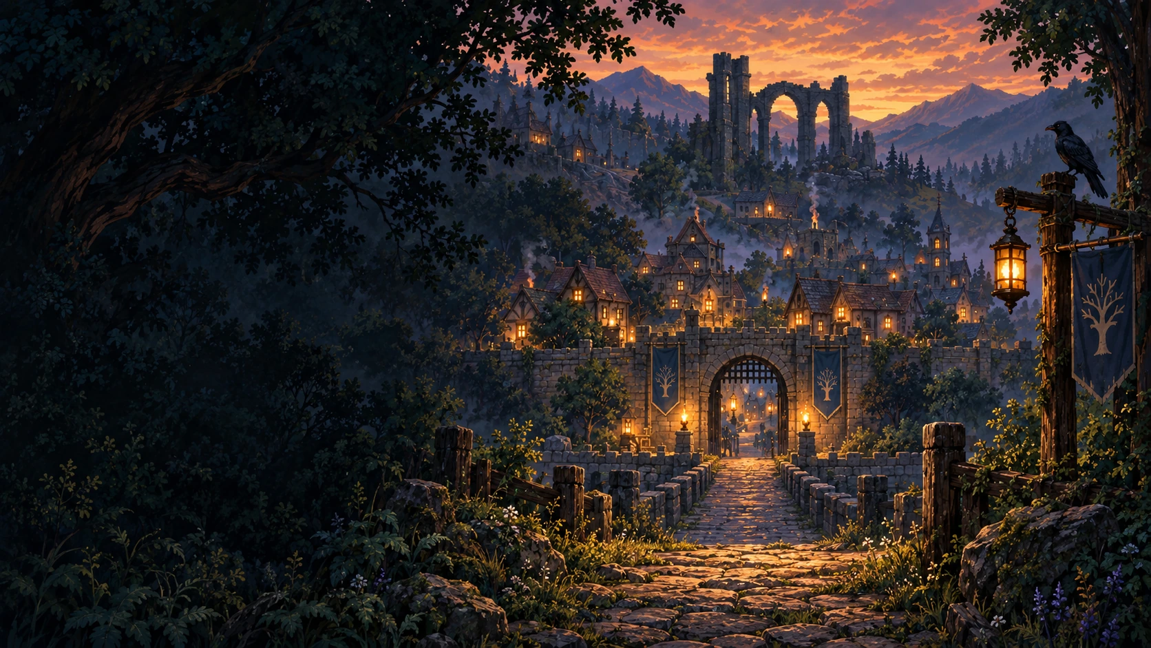 Emberhold at dusk: a walled village with lit windows below a ruined arch on the hills